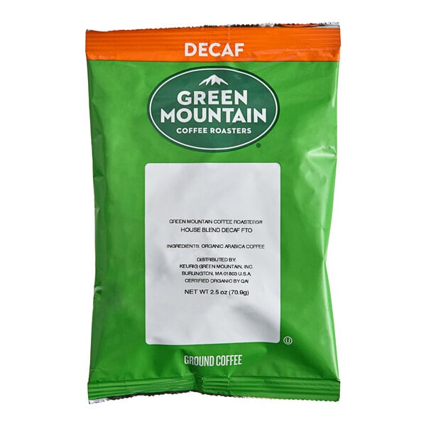 A 2.5 oz packet of Green Mountain Coffee Roasters Decaf House Blend ground coffee.