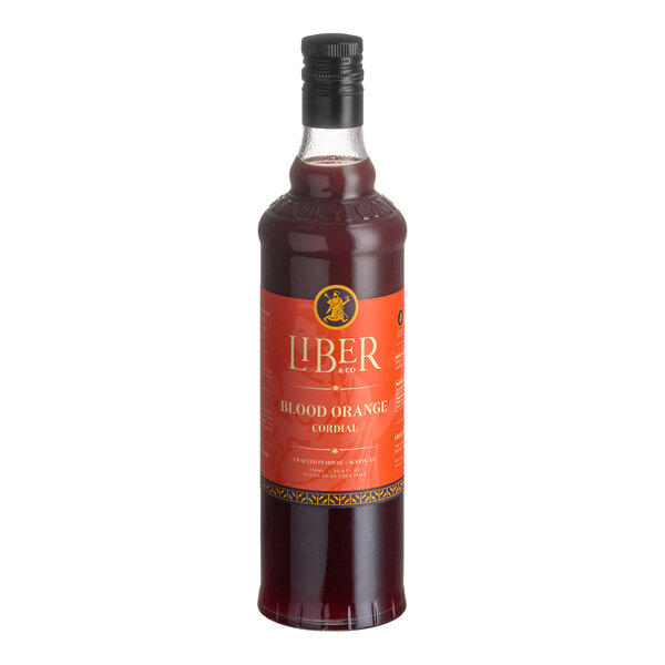 A 750 mL bottle of Liber & Co Blood Orange Cordial Syrup.