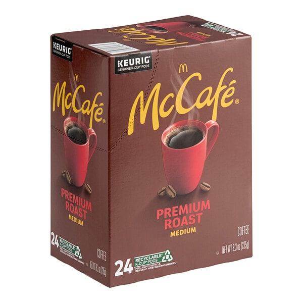 A box of McCafe Premium Roast Medium coffee single serve Keurig K-Cup pods containing 24 pods.