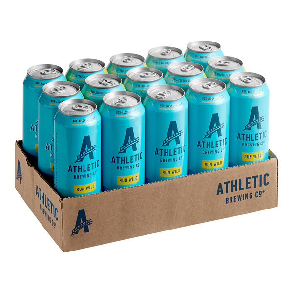 A 15-pack of Athletic Brewing Co. Run Wild Non-Alcoholic IPA 19.2 fl. oz. cans in a cardboard tray.