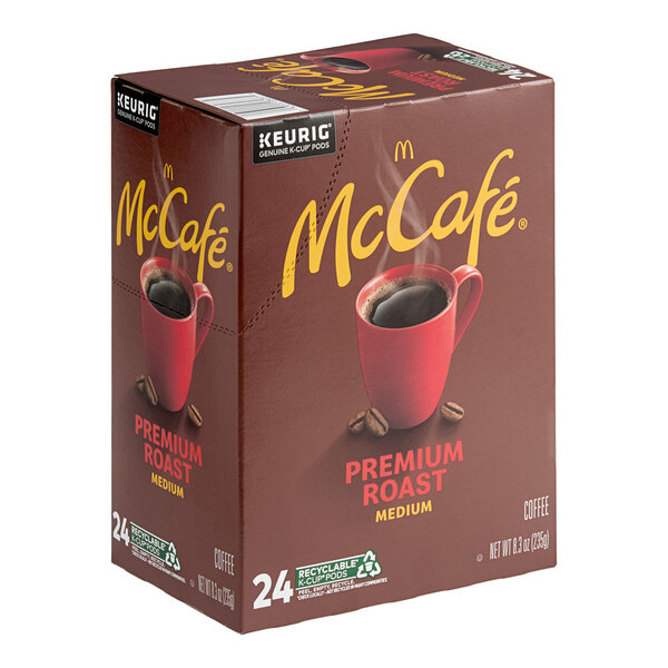 A box of McCafe Premium Roast Medium coffee single serve Keurig K-Cup pods.