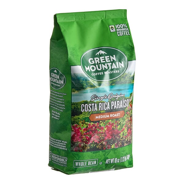 A bag of Green Mountain Coffee Roasters Costa Rica Paraiso whole bean coffee.