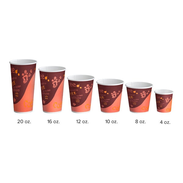 A set of six different sizes of single wall paper hot cups with a coffee print design, ranging from 4 oz. to 20 oz.