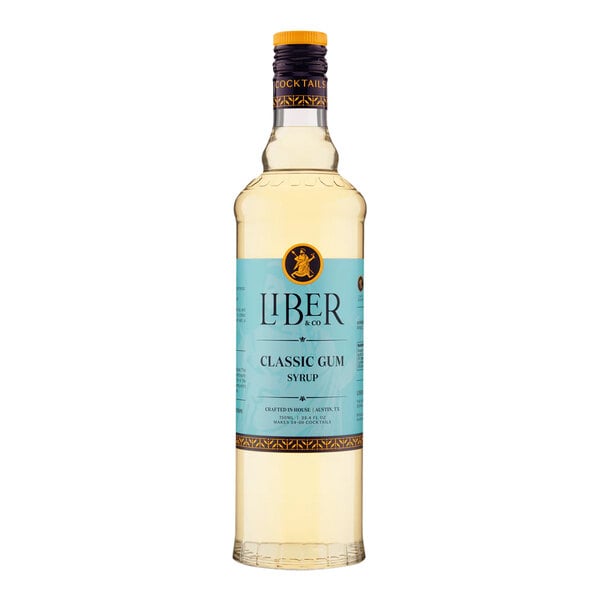 A 750 mL bottle of Liber & Co Classic Gum Syrup with a blue label.