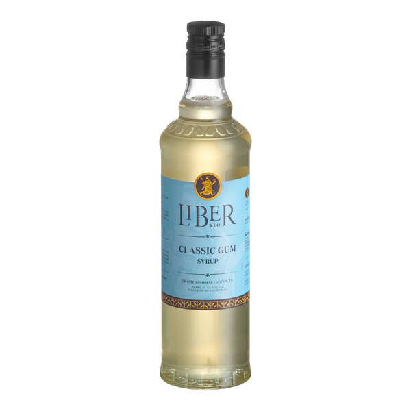 A 750 mL bottle of Liber & Co Classic Gum Syrup with a blue label.