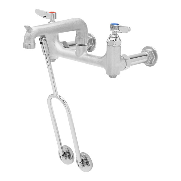 A silver T&S mop sink faucet with two blue handles.