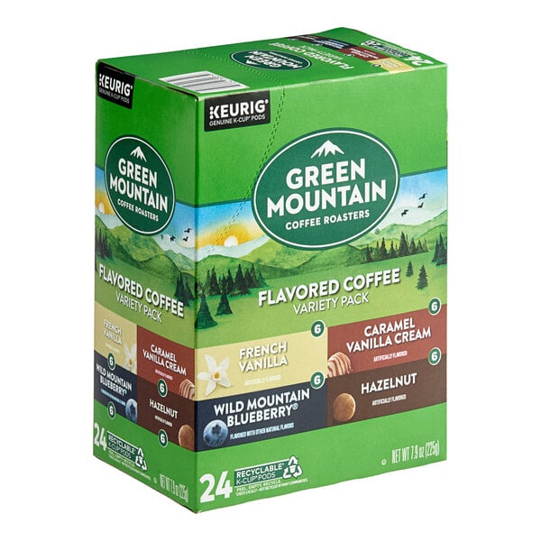 A box of Green Mountain Coffee Roasters Flavored Coffee Keurig K-Cup Pod Variety Pack containing 24 pods.