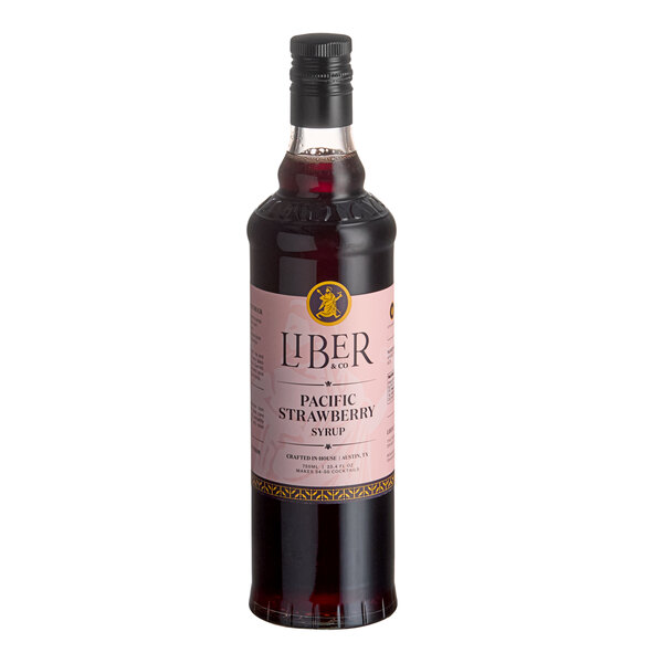 A 750 mL bottle of Liber & Co Pacific Strawberry Syrup.