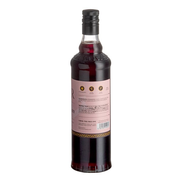A 750 mL bottle of Liber & Co Pacific Strawberry Syrup with a pink label and black cap.