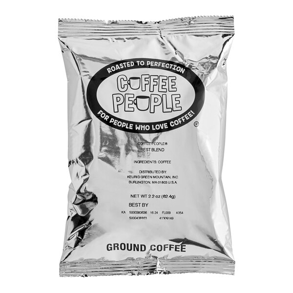 A silver packet of Coffee People Best Blend ground coffee weighing 2.2 ounces.