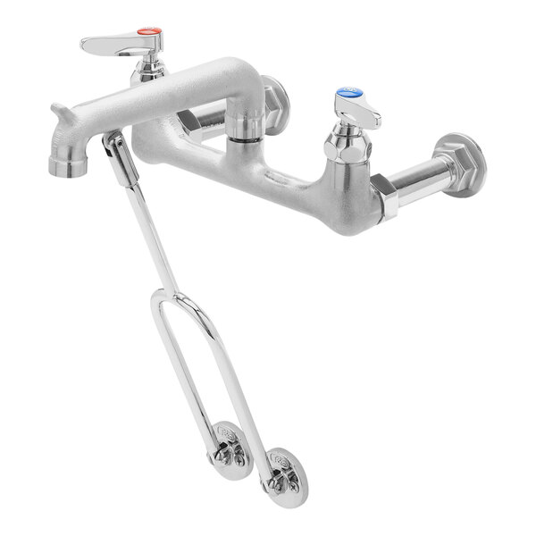 A T&S chrome mop sink faucet with a handle.