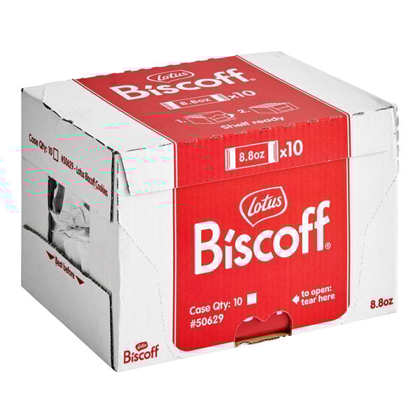 A case of Lotus Biscoff Cookies containing ten 8.8 oz. packages.
