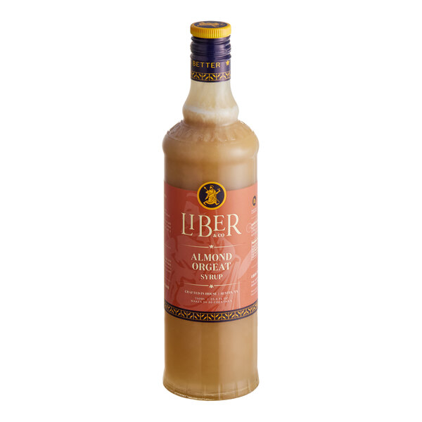 A 750 mL bottle of Liber & Co Almond Orgeat Syrup.
