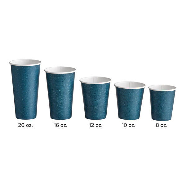 A 10 oz. single wall blue speck print poly paper hot cup.