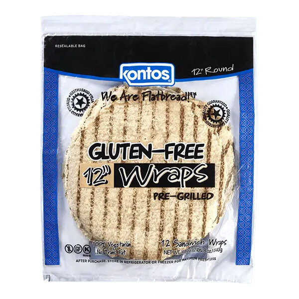 A package of Kontos gluten-free pre-grilled 12-inch wraps.