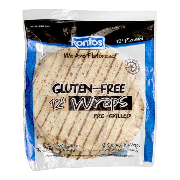 A package of Kontos gluten-free pre-grilled 12-inch sandwich wraps.