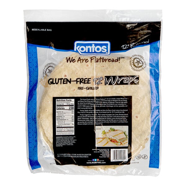 A package of Kontos gluten-free pre-grilled 12-inch wraps.