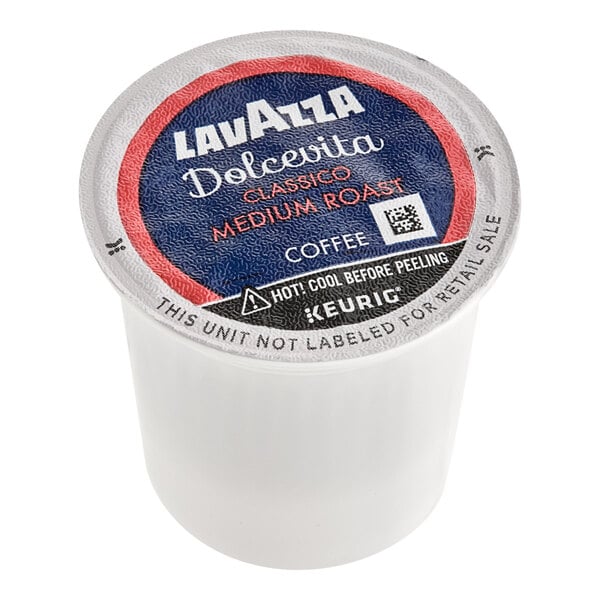 A single-serve Lavazza Classico medium roast coffee pod compatible with Keurig machines.