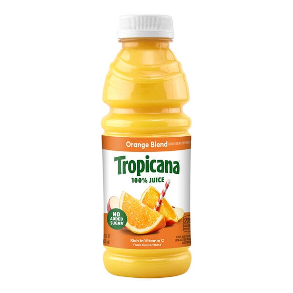 A 10 fl. oz. bottle of Tropicana 100% Orange Juice Blend with a white cap and orange label.