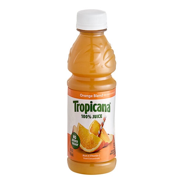 A 10 fl. oz. bottle of Tropicana 100% orange juice blend with a white cap.