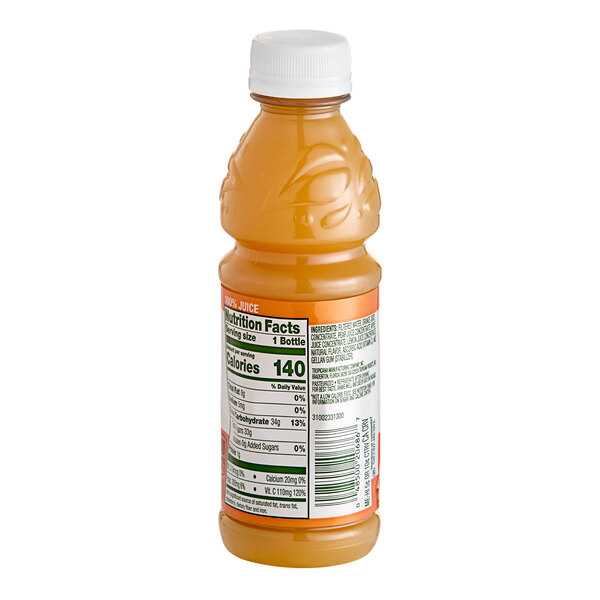 A small plastic bottle of orange juice with a white cap and nutrition label visible.
