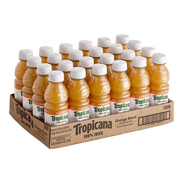 A case of 24 bottles of Tropicana Orange Juice Blend, each containing 10 fluid ounces.