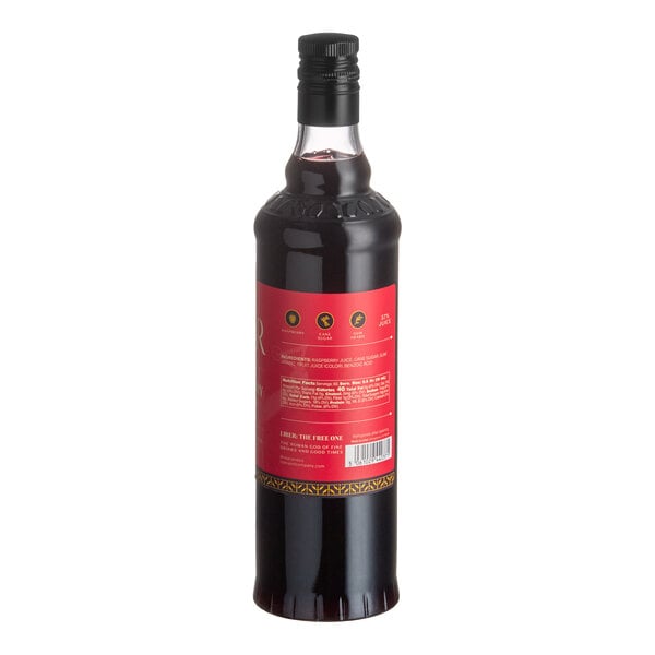 A 750 mL bottle of Liber & Co Raspberry Gum Syrup with a red label and black cap.
