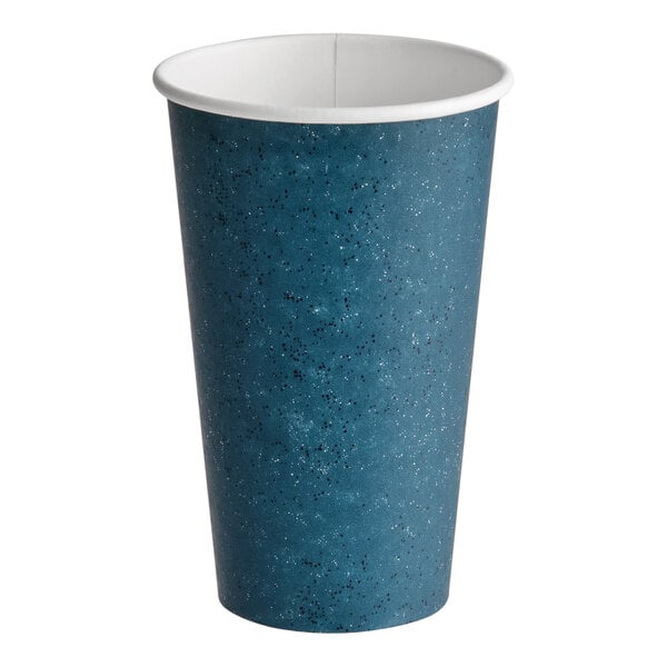 A 16 oz. single wall blue speck print poly paper hot cup.