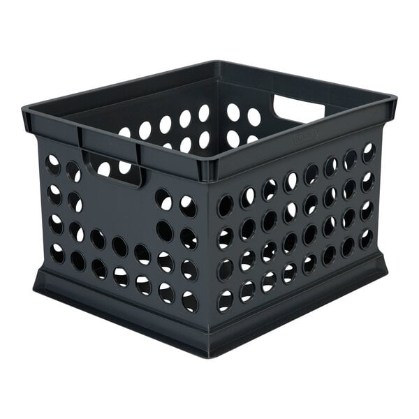 A black plastic storage crate with circular holes and built-in handles.