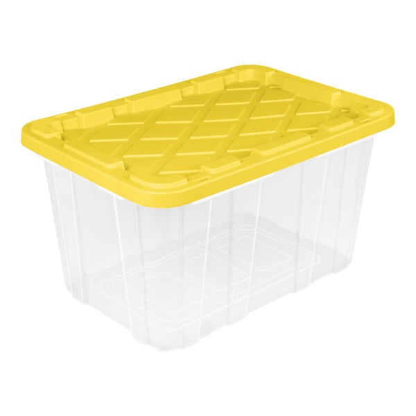 A clear plastic storage tote with a yellow lid.