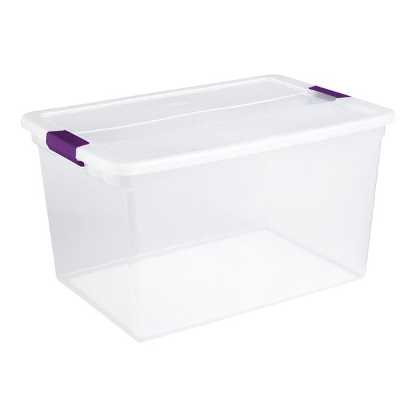 A clear plastic storage box with a white lid and purple latches.