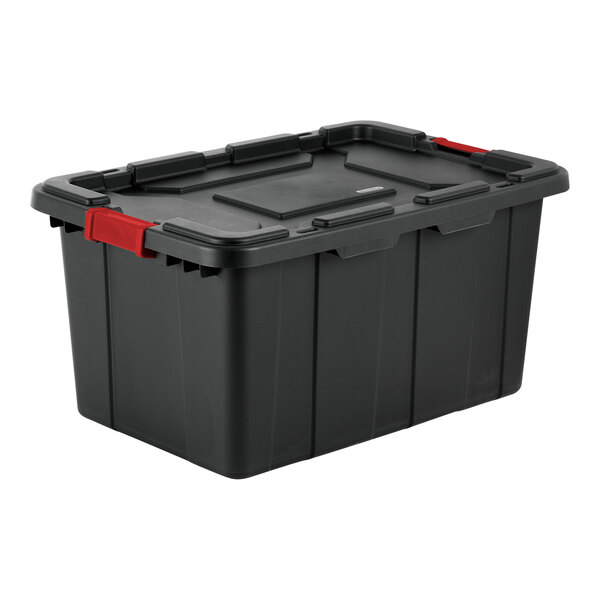 A large black industrial storage tote with a red handle lid.