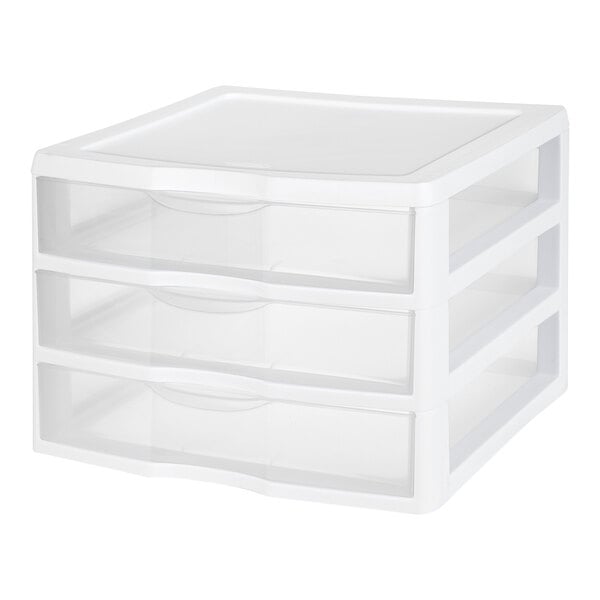 A white plastic countertop storage unit with three drawers.