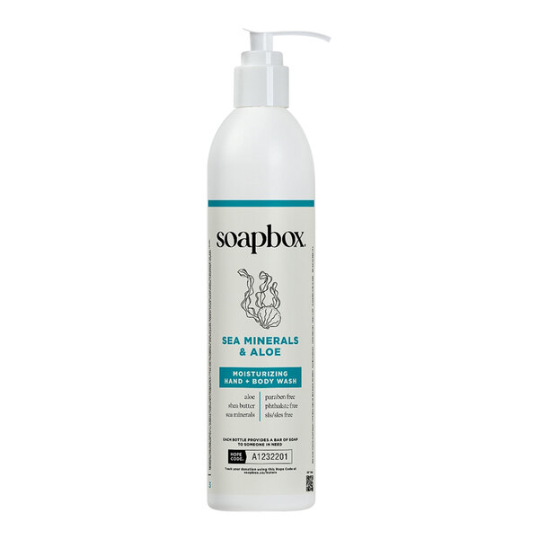 A 12 oz. bottle of Soapbox Sea Minerals and Aloe Moisturizing Hand and Body Wash with a pump dispenser.