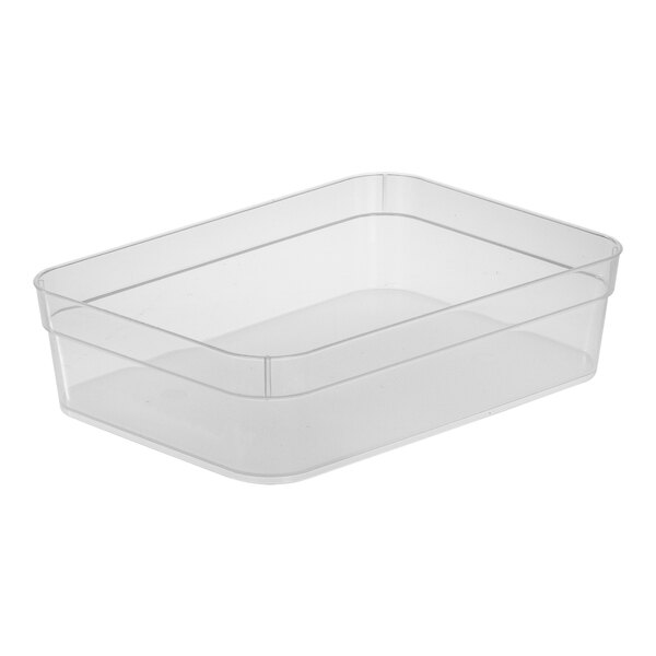A large clear rectangular stackable storage tray.