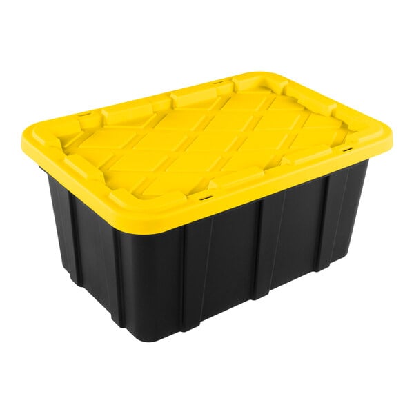 A black industrial storage tote with a yellow lid.
