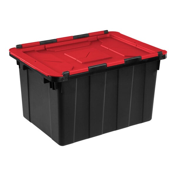 A black industrial storage tote with a red hinged lid.