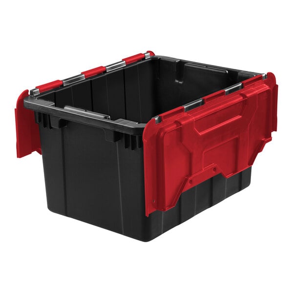 A black industrial storage tote with a red hinged lid.