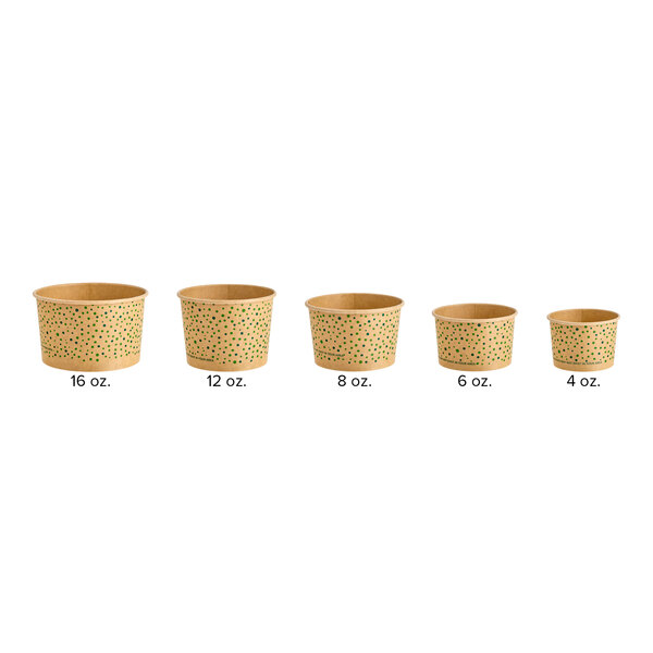 An 8 oz. compostable paper food cup with a green polka dot design, shown among other sizes.