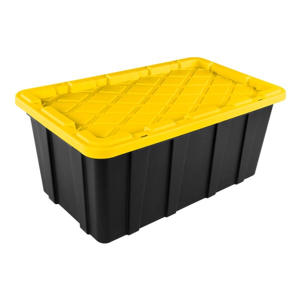 A large black industrial storage tote with a yellow lid.