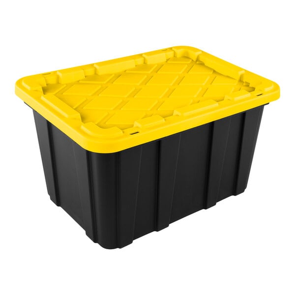 A large black industrial storage tote with a yellow lid.