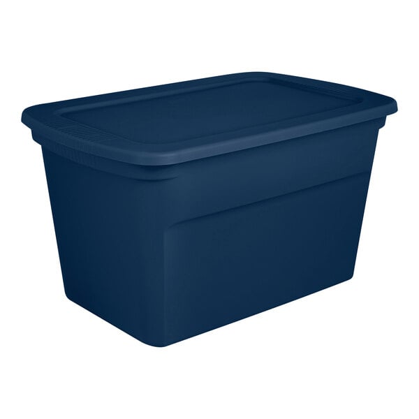A large marine blue plastic storage tote with a fitted lid.