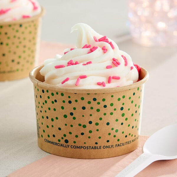 EcoChoice 6 oz. Compostable Green Polka Dot Paper Frozen Yogurt / Food Cup - 50/Pack