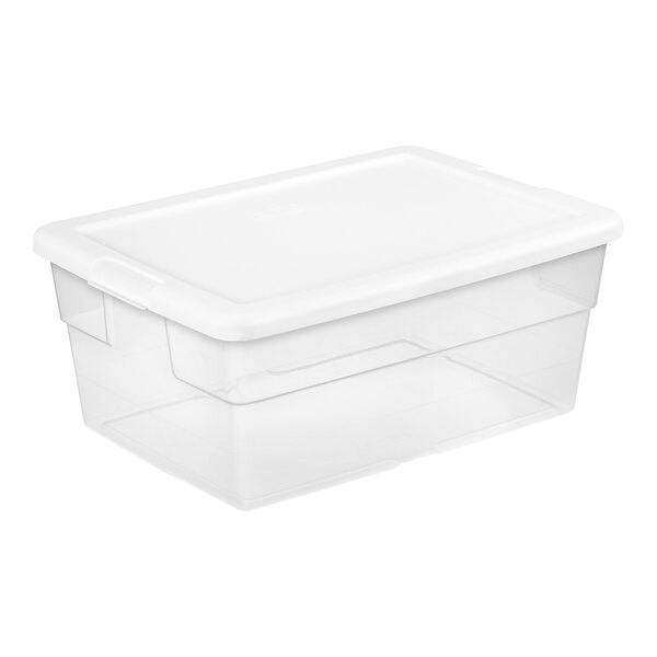 A clear plastic storage tote with a white lid.