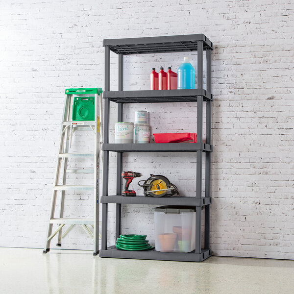 A gray five-shelf ventilated storage unit used for organizing various household or garage items.