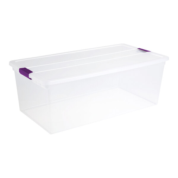 A large clear plastic storage box with a white lid and purple latches.