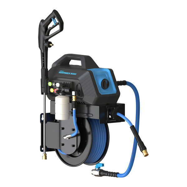 A BluBird BluShield Humpback 3000 electric pressure washer system with a 1/4 inch by 50 foot hose.