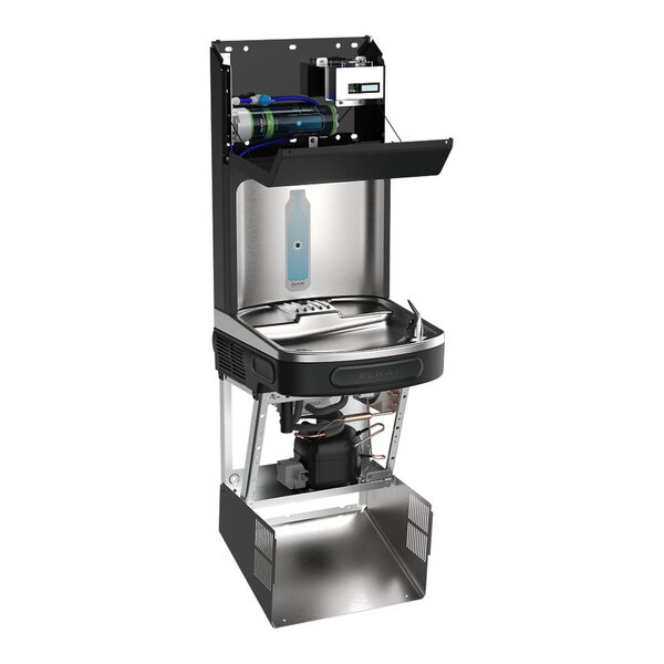 A black stainless steel hands-free filtered bottle filling station with a drinking fountain and visible internal filtration components.