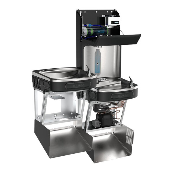 A bi-level black stainless steel hands-free filtered bottle filling station with drinking fountains and a filtration system.