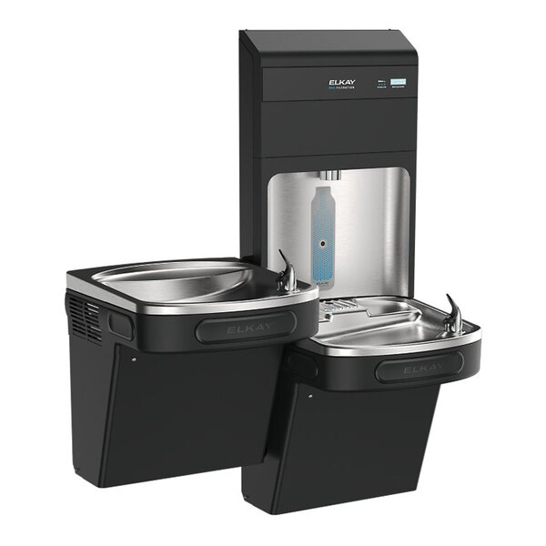 A black stainless steel bi-level drinking fountain with a hands-free filtered bottle filling station and total PFAS filter.